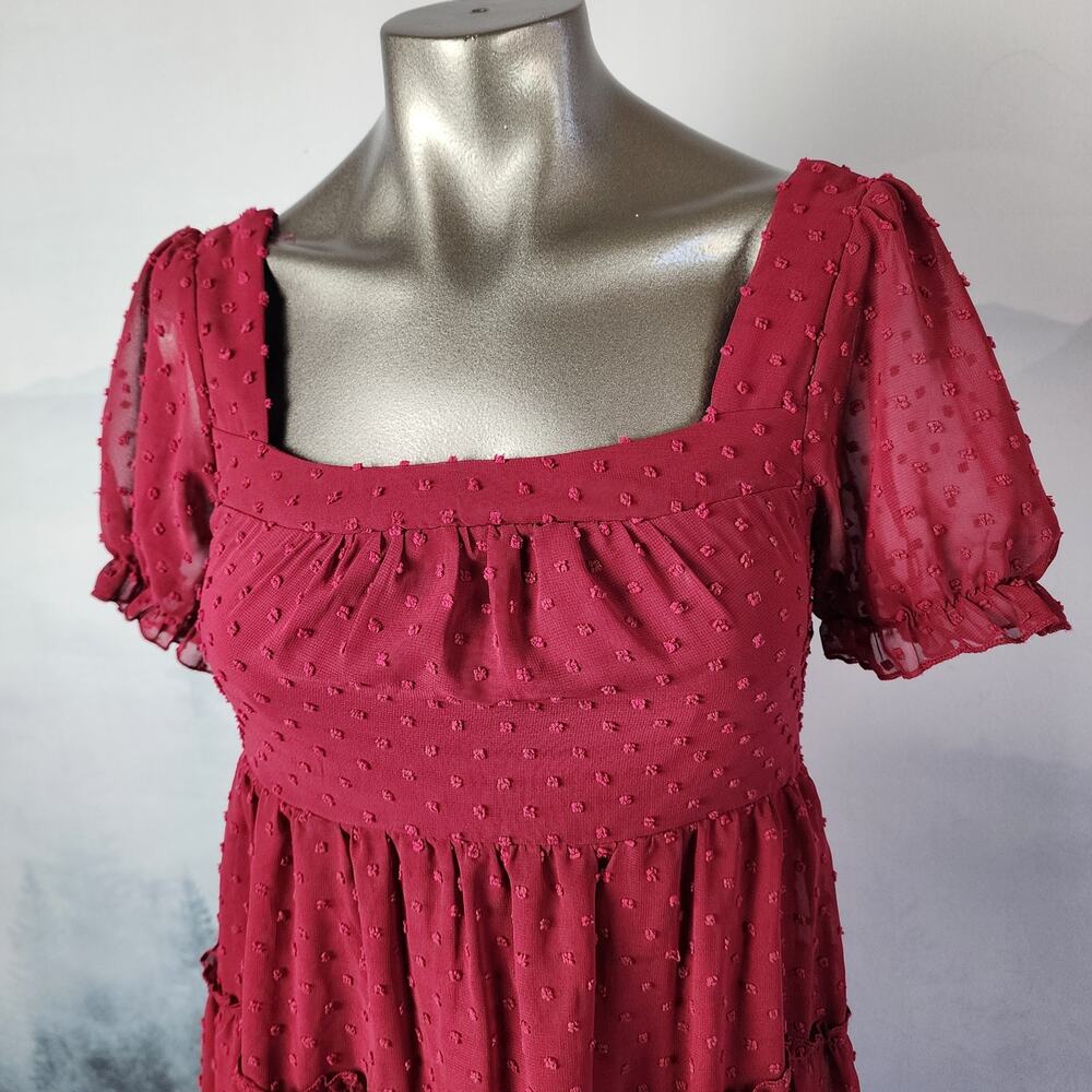 Trixxi Swiss-Dot Tiered Square Neck Pink Mini Dress | Junior's Small - Picture 2 of 14